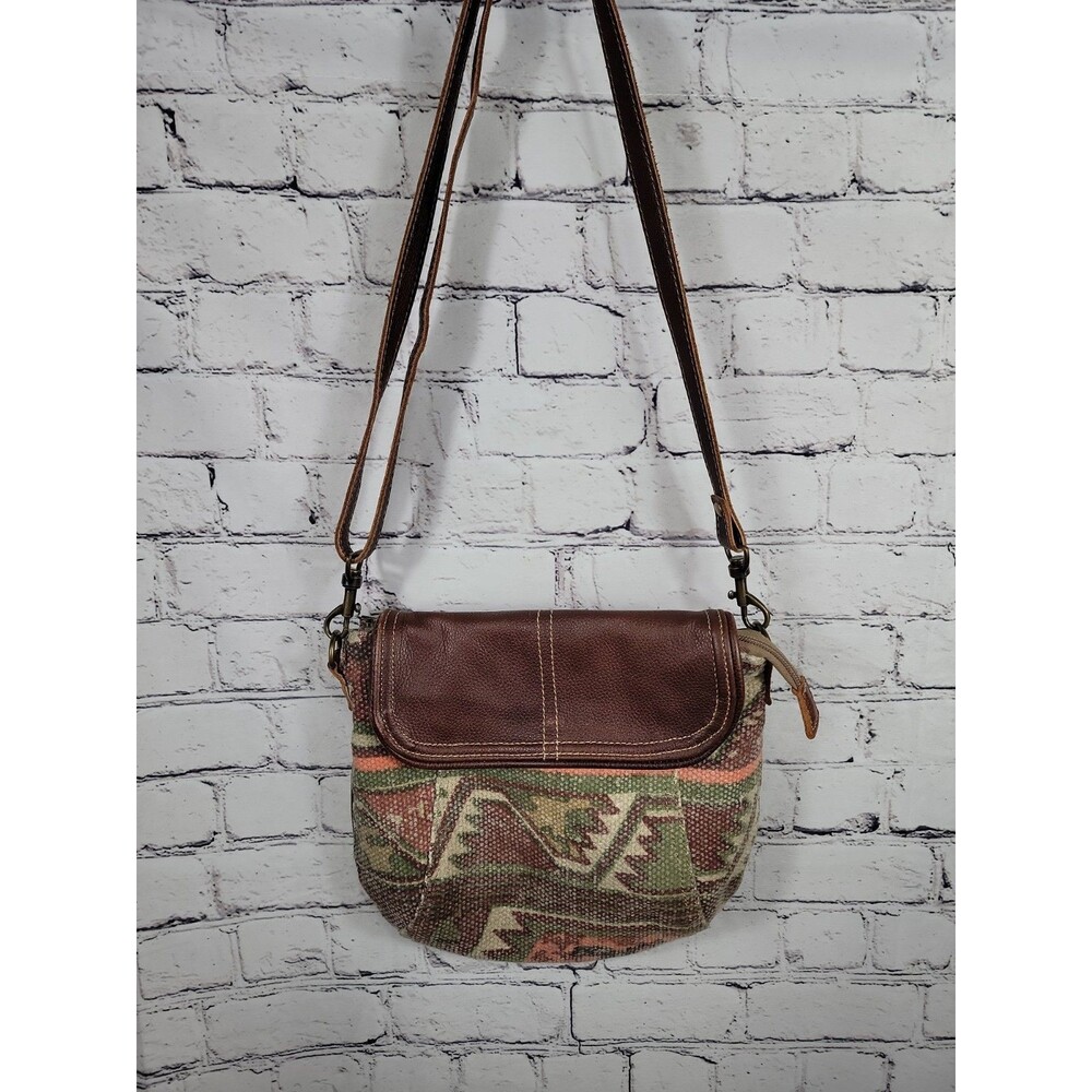 MYRA Brown Leather & Canvas Southwest Crossbody Small Messenger Bag 12x10x3